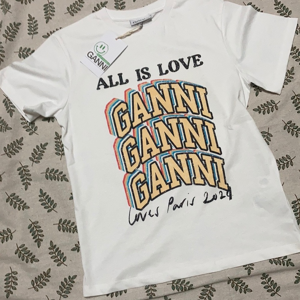 Ganni Retro Stacked Logo Graphic Tee White All is Love Paris T-shirt size Medium